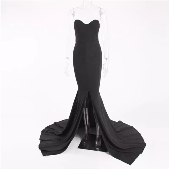NEW Formal Black Strapless High Slit Evening Gown - Picture 7 of 8